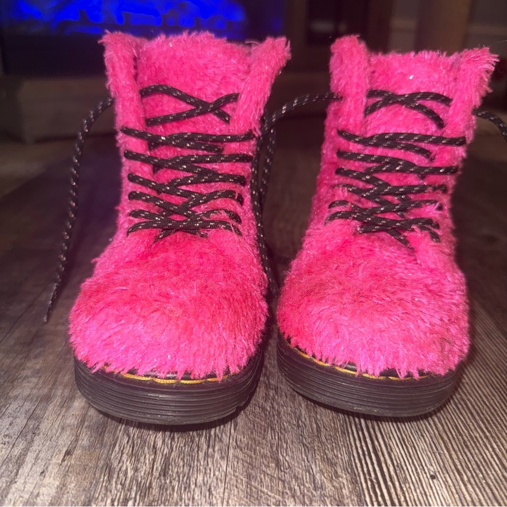 Fuzzy Pink Lace-Up Boots